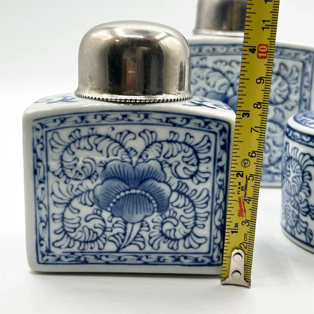 Vintage Two's Company Ceramic‎ Blue White Floral Tea Caddies Canisters Set of 3